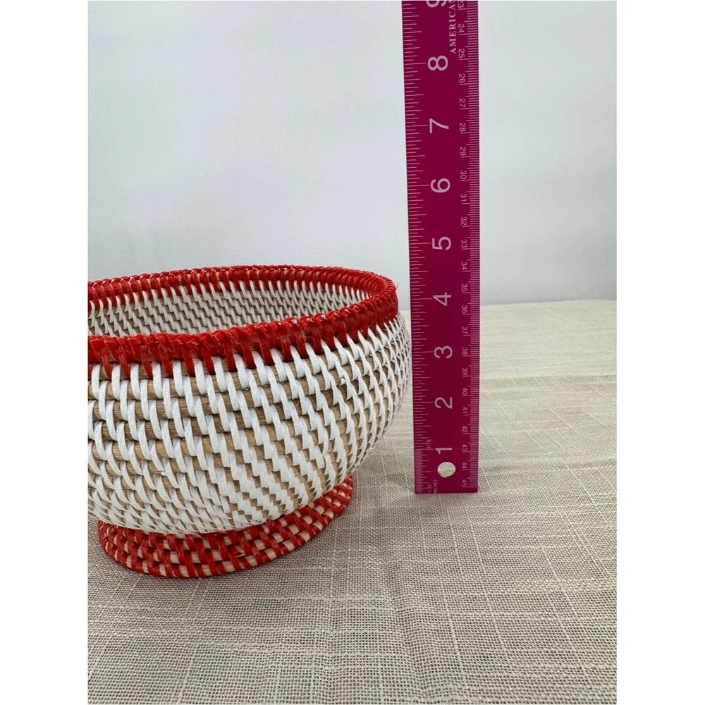 Vintage Woven Pedestal Basket Bowl Red Trim Boho Cottagecore Centerpiece Decor